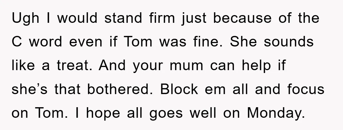 Ugh I would stand firm just because of the C word even if Tom was fine. She sounds like a treat. And your mum can help if she’s that bothered....