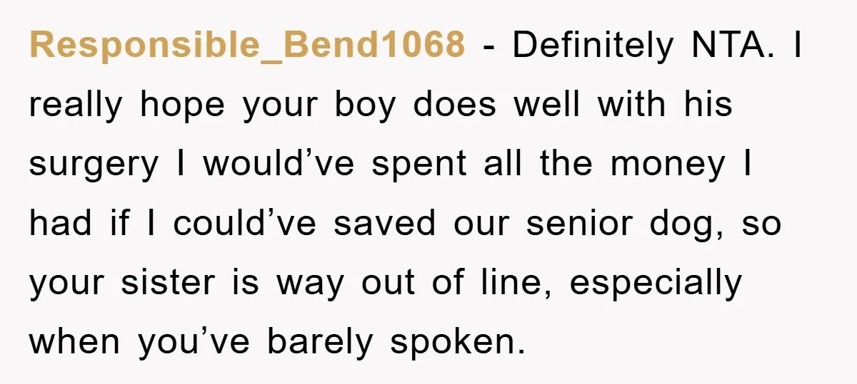 Responsible_Bend1068 − Definitely NTA. I really hope your boy does well with his surgery I would’ve spent all the money I had if I could’ve saved our senior dog, so...