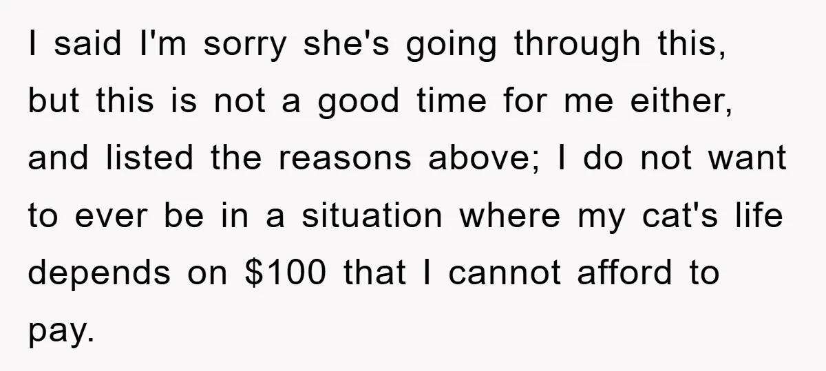 I said I'm sorry she's going through this, but this is not a good time for me either, and listed the reasons above; I do not want to ever be...