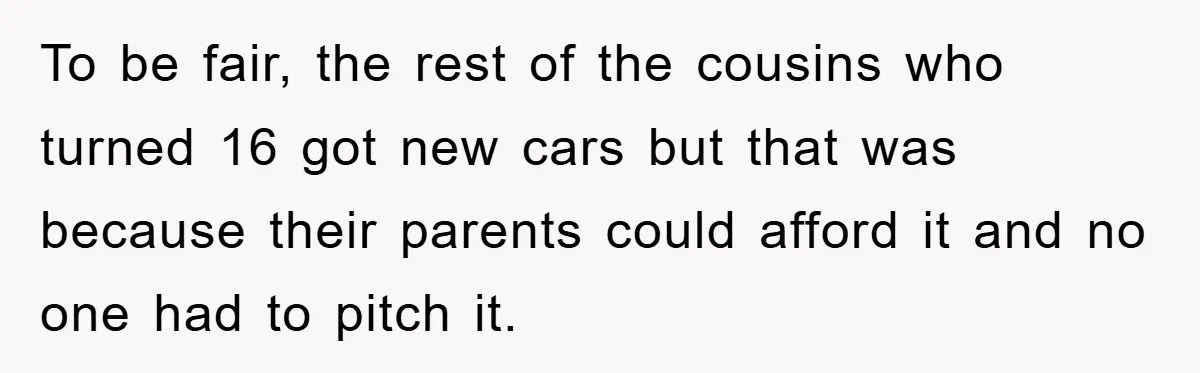 To be fair, the rest of the cousins who turned 16 got new cars but that was because their parents could afford it and no one had to pitch it.