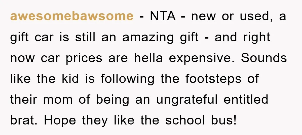 awesomebawsome − NTA - new or used, a gift car is still an amazing gift - and right now car prices are hella expensive. Sounds like the kid is following...