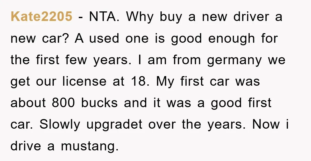 Kate2205 − NTA. Why buy a new driver a new car? A used one is good enough for the first few years. I am from germany we get our license...