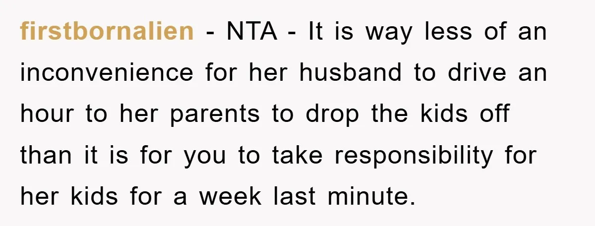 firstbornalien − NTA - It is way less of an inconvenience for her husband to drive an hour to her parents to drop the kids off than it is for...
