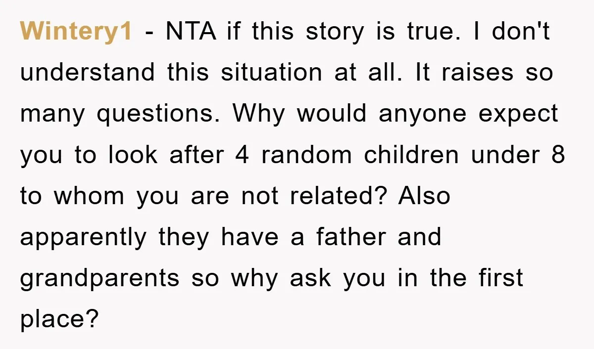 Wintery1 − NTA if this story is true. I don't understand this situation at all. It raises so many questions. Why would anyone expect you to look after 4 random...
