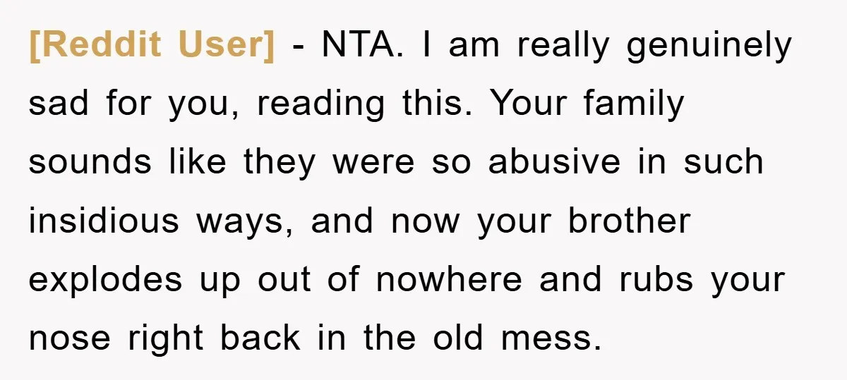 [Reddit User] − NTA. I am really genuinely sad for you, reading this. Your family sounds like they were so abusive in such insidious ways, and now your brother explodes...