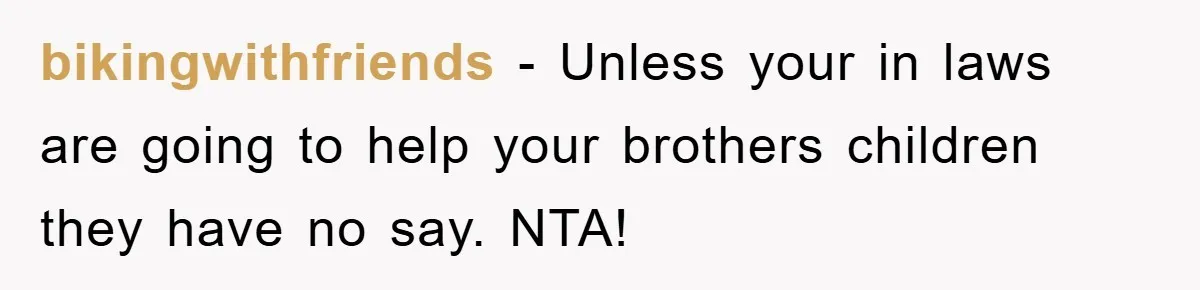 bikingwithfriends − Unless your in laws are going to help your brothers children they have no say. NTA!