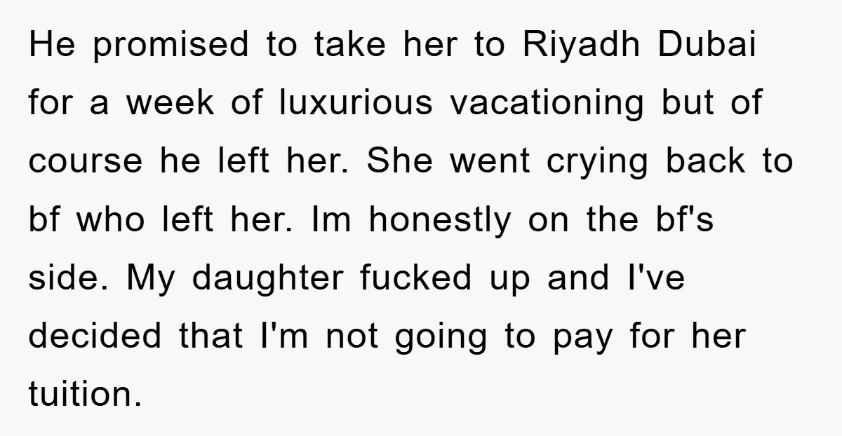 He promised to take her to Riyadh Dubai for a week of luxurious vacationing but of course he left her. She went crying back to bf who left her. Im...