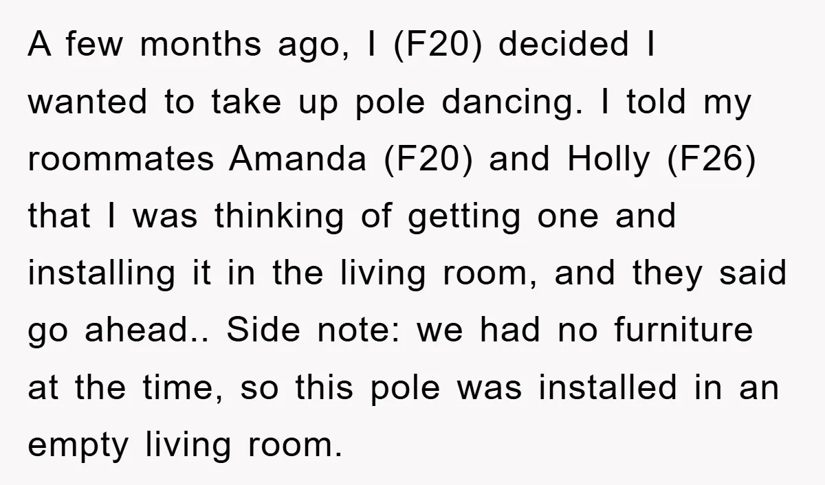 A few months ago, I (F20) decided I wanted to take up pole dancing. I told my roommates Amanda (F20) and Holly (F26) that I was thinking of getting one...