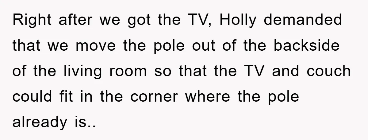 Right after we got the TV, Holly demanded that we move the pole out of the backside of the living room so that the TV and couch could fit in...