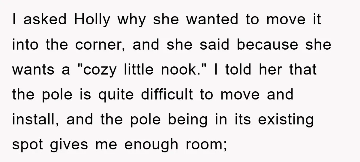I asked Holly why she wanted to move it into the corner, and she said because she wants a "cozy little nook." I told her that the pole is quite...