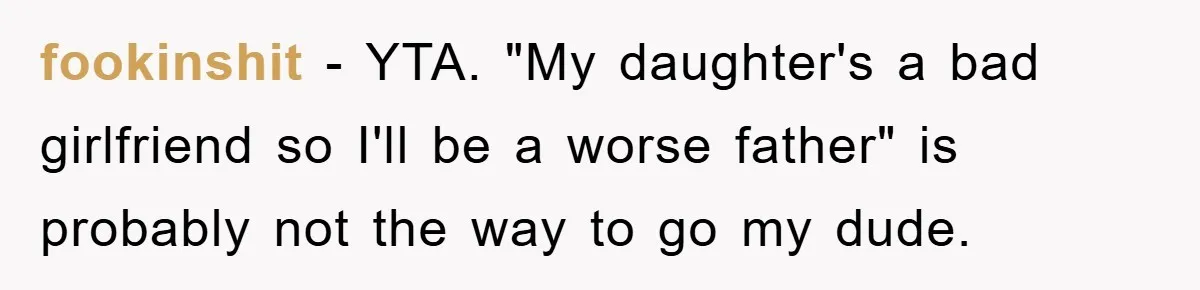 fookinshit − YTA. "My daughter's a bad girlfriend so I'll be a worse father" is probably not the way to go my dude.