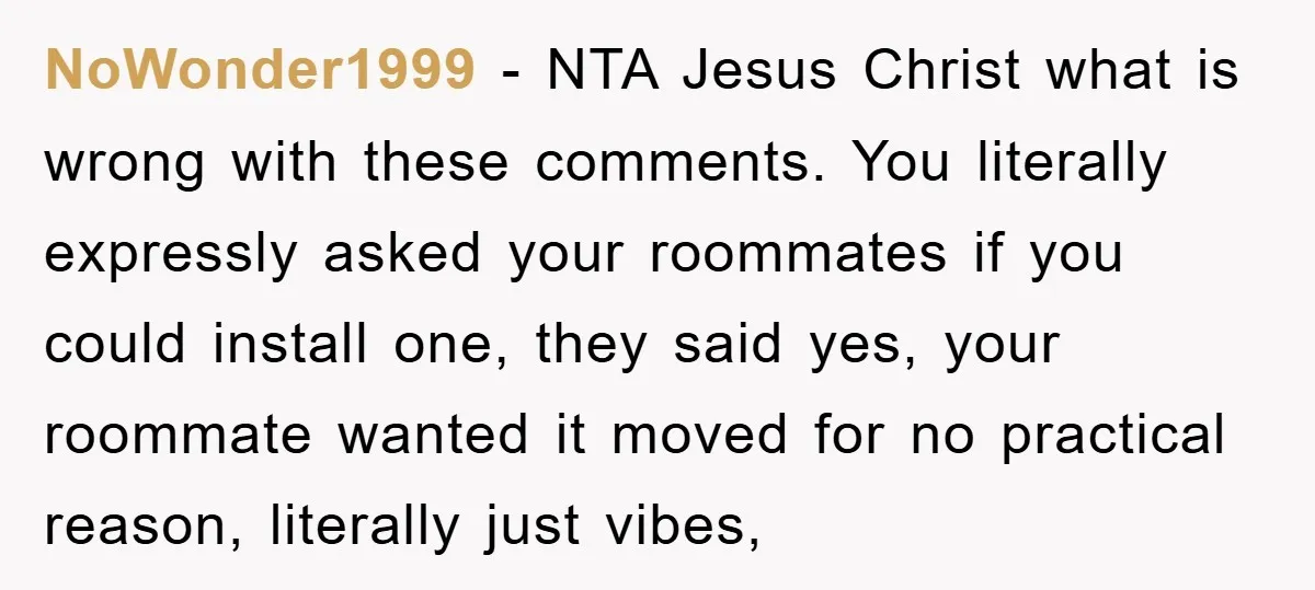 NoWonder1999 − NTA Jesus Christ what is wrong with these comments. You literally expressly asked your roommates if you could install one, they said yes, your roommate wanted it moved...