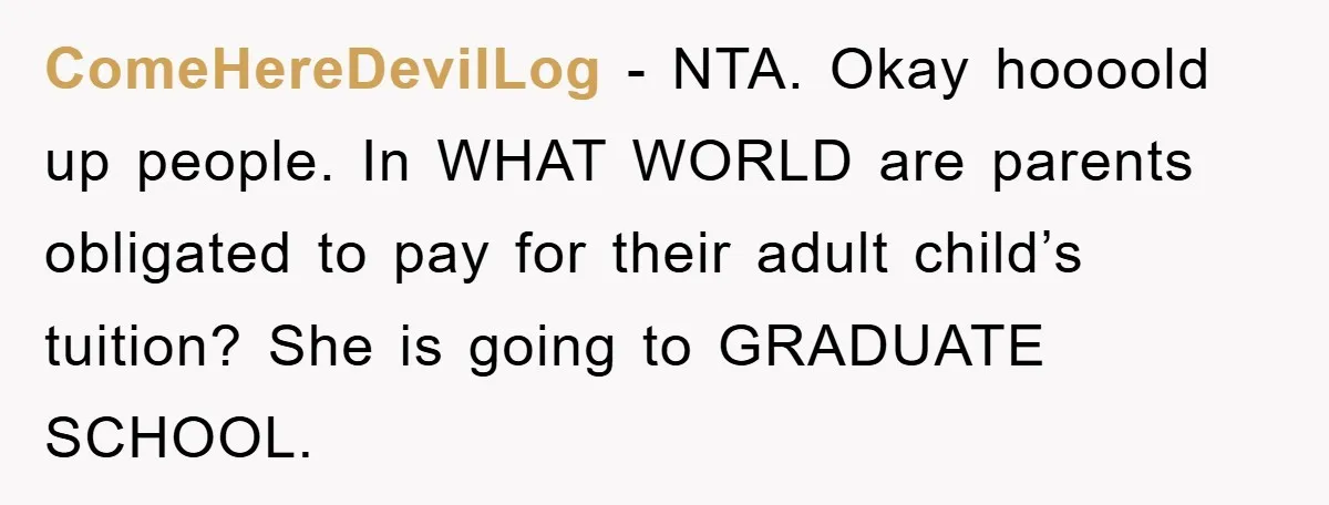 ComeHereDevilLog − NTA. Okay hoooold up people. In WHAT WORLD are parents obligated to pay for their adult child’s tuition? She is going to GRADUATE SCHOOL.