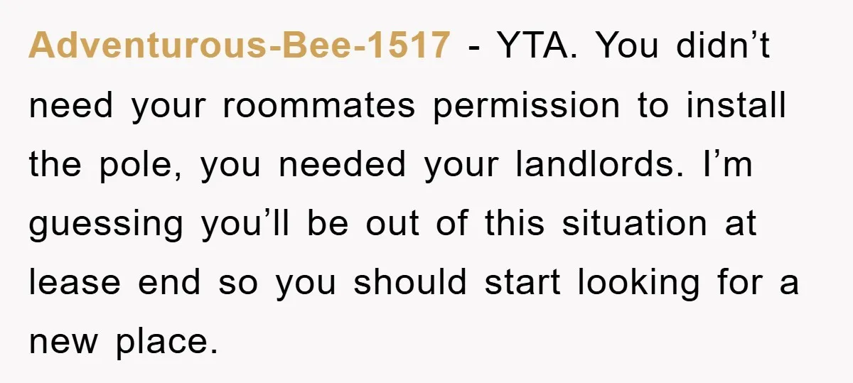 Adventurous-Bee-1517 − YTA. You didn’t need your roommates permission to install the pole, you needed your landlords. I’m guessing you’ll be out of this situation at lease end so you...