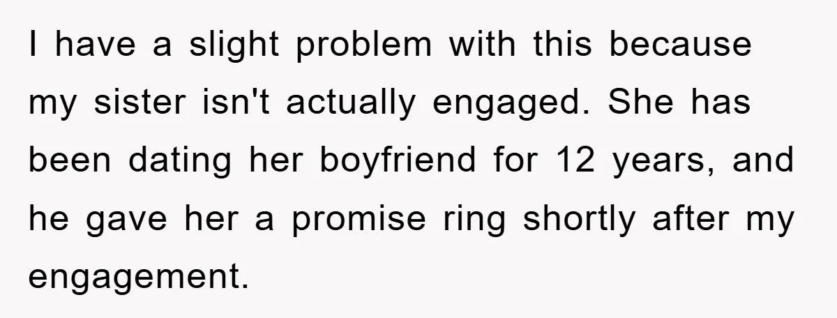 I have a slight problem with this because my sister isn't actually engaged. She has been dating her boyfriend for 12 years, and he gave her a promise ring shortly...