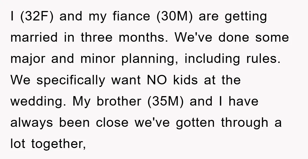 I (32F) and my fiance (30M) are getting married in three months. We've done some major and minor planning, including rules. We specifically want NO kids at the wedding. My...