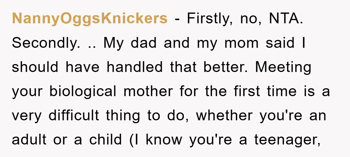 NannyOggsKnickers − Firstly, no, NTA. Secondly. .. My dad and my mom said I should have handled that better. Meeting your biological mother for the first time is a very...