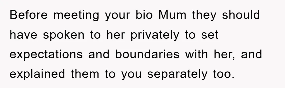 Before meeting your bio Mum they should have spoken to her privately to set expectations and boundaries with her, and explained them to you separately too.