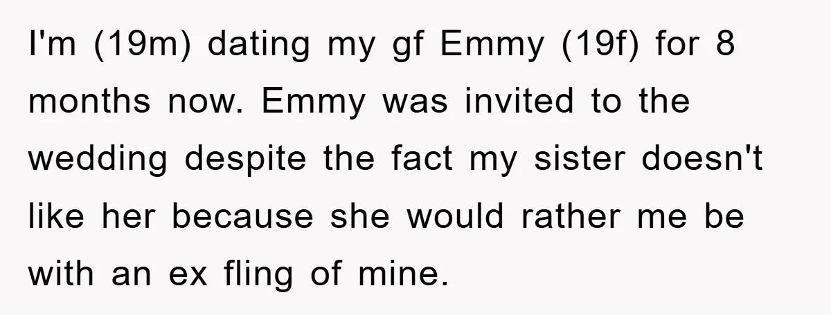 I'm (19m) dating my gf Emmy (19f) for 8 months now. Emmy was invited to the wedding despite the fact my sister doesn't like her because she would rather me...