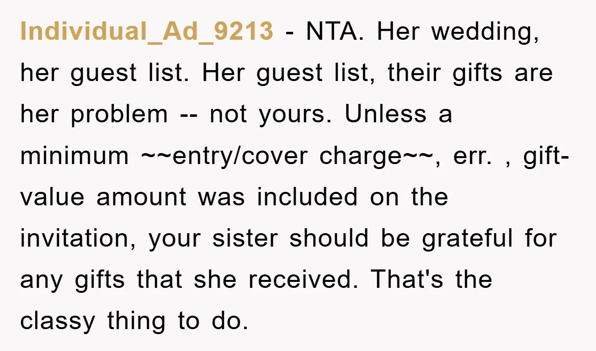 Individual_Ad_9213 − NTA. Her wedding, her guest list. Her guest list, their gifts are her problem -- not yours. Unless a minimum ~~entry/cover charge~~, err. , gift-value amount was included...