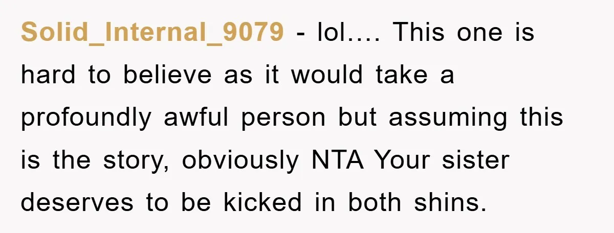 Solid_Internal_9079 − lol…. This one is hard to believe as it would take a profoundly awful person but assuming this is the story, obviously NTA Your sister deserves to be...