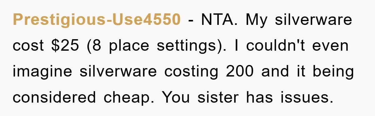 Prestigious-Use4550 − NTA. My silverware cost $25 (8 place settings). I couldn't even imagine silverware costing 200 and it being considered cheap. You sister has issues.