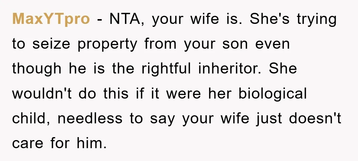 MaxYTpro − NTA, your wife is. She's trying to seize property from your son even though he is the rightful inheritor. She wouldn't do this if it were her biological...