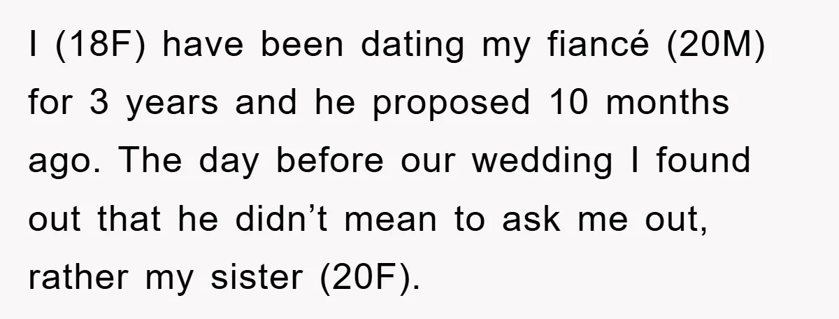 I (18F) have been dating my fiancé (20M) for 3 years and he proposed 10 months ago. The day before our wedding I found out that he didn’t mean to...