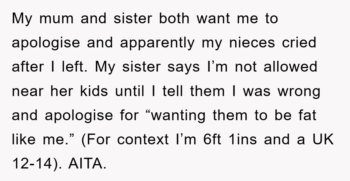My mum and sister both want me to apologise and apparently my nieces cried after I left. My sister says I’m not allowed near her kids until I tell them...