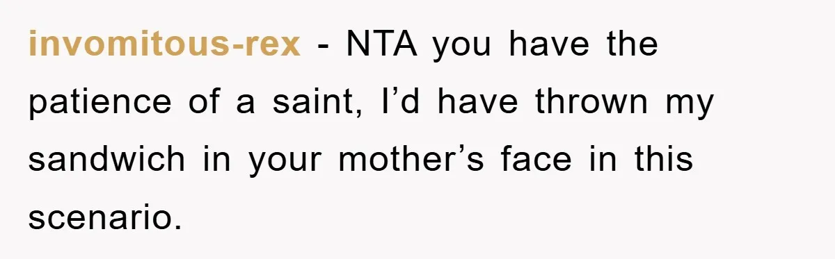 invomitous-rex - NTA you have the patience of a saint, I’d have thrown my sandwich in your mother’s face in this scenario.