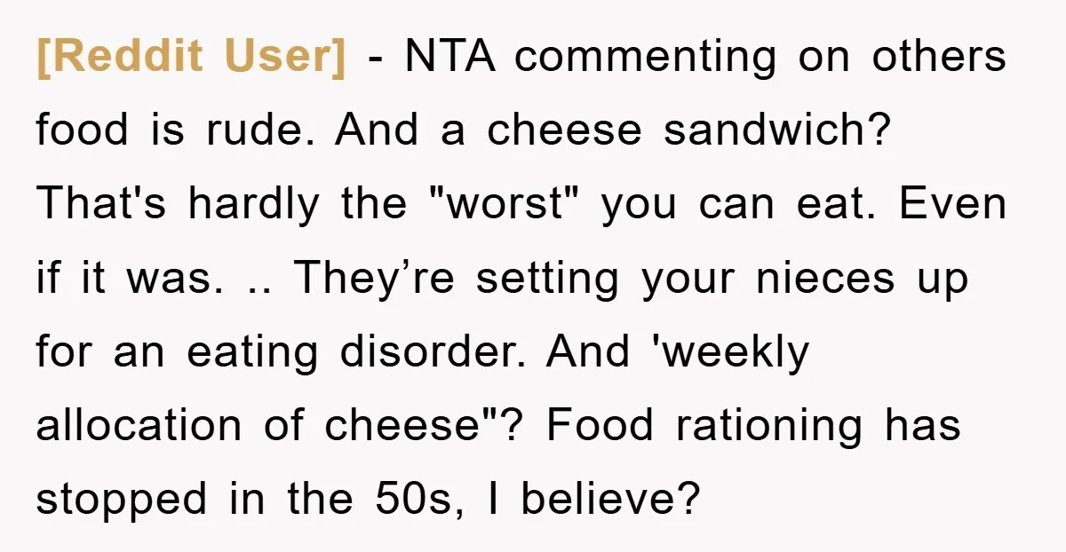 [Reddit User] - NTA commenting on others food is rude. And a cheese sandwich? That's hardly the "worst" you can eat. Even if it was. .. They’re setting your nieces...
