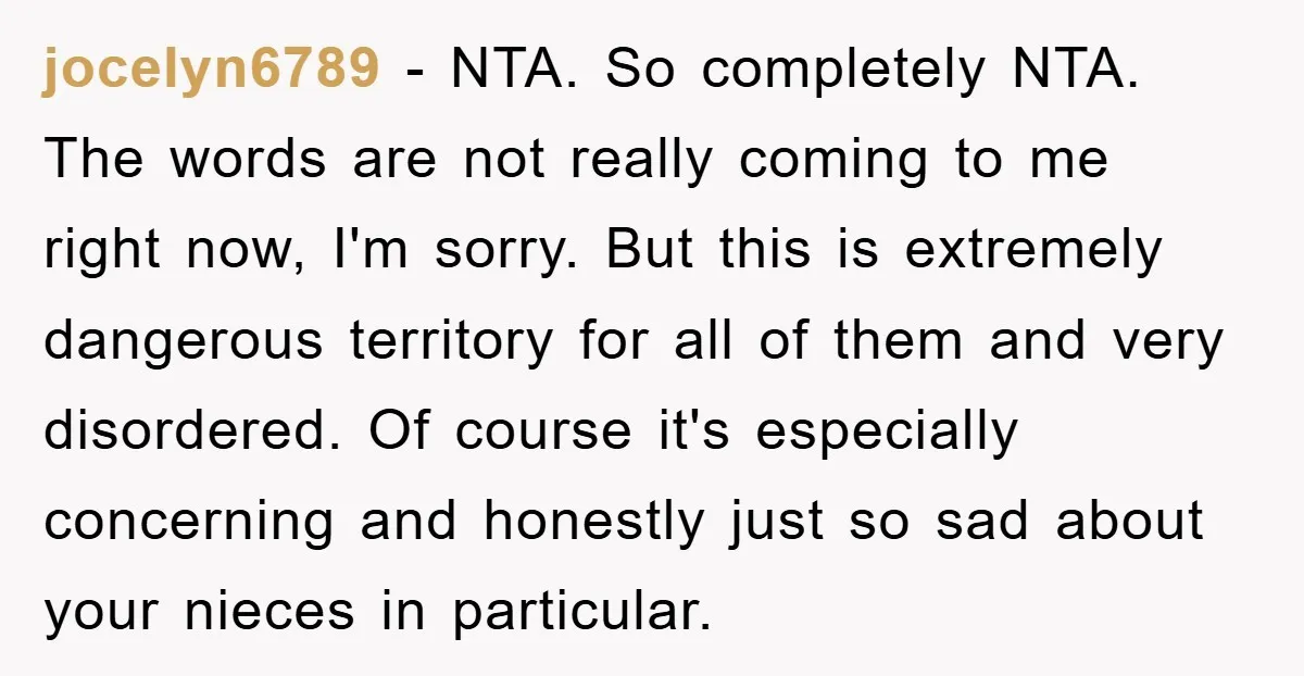 jocelyn6789 - NTA. So completely NTA. The words are not really coming to me right now, I'm sorry. But this is extremely dangerous territory for all of them and very...