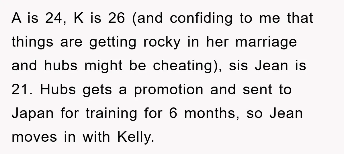 A is 24, K is 26 (and confiding to me that things are getting rocky in her marriage and hubs might be cheating), sis Jean is 21. Hubs gets a...