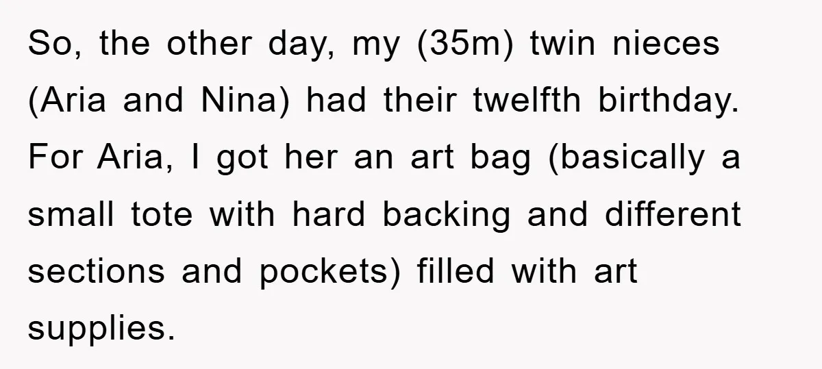 So, the other day, my (35m) twin nieces (Aria and Nina) had their twelfth birthday. For Aria, I got her an art bag (basically a small tote with hard backing...