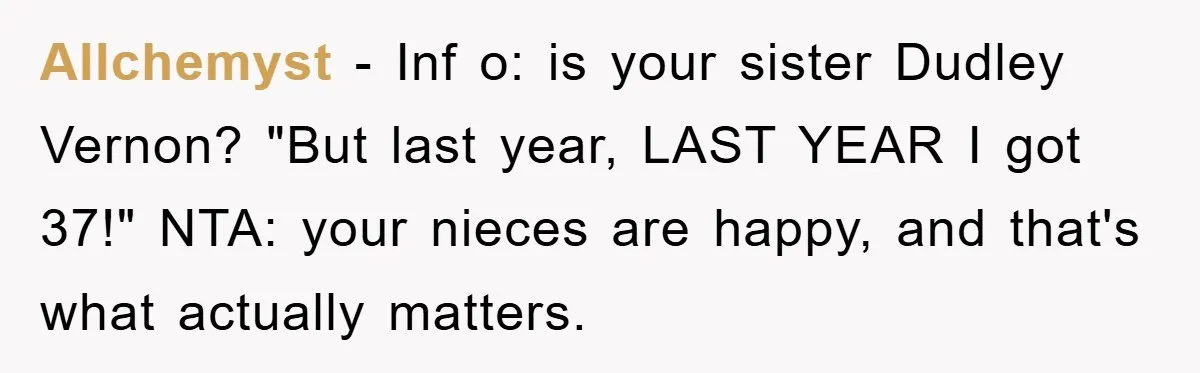 Allchemyst − Inf o: is your sister Dudley Vernon? "But last year, LAST YEAR I got 37!" NTA: your nieces are happy, and that's what actually matters.