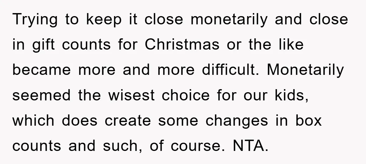 Trying to keep it close monetarily and close in gift counts for Christmas or the like became more and more difficult. Monetarily seemed the wisest choice for our kids, which...