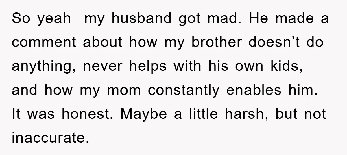 So yeah my husband got mad. He made a comment about how my brother doesn’t do anything, never helps with his own kids, and how my mom constantly enables him....