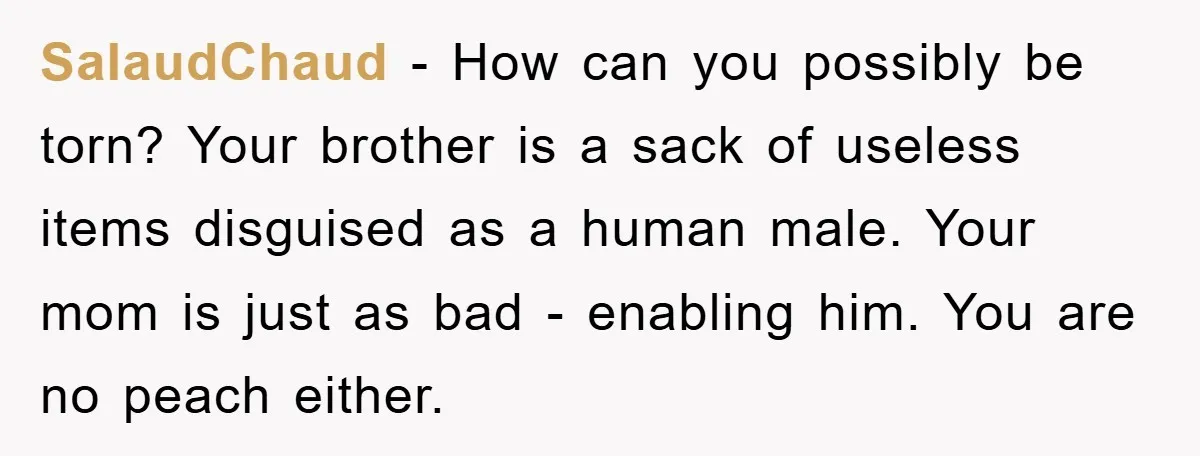 SalaudChaud - How can you possibly be torn? Your brother is a sack of useless items disguised as a human male. Your mom is just as bad - enabling him....