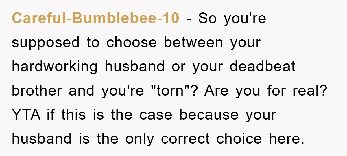 Careful-Bumblebee-10 - So you're supposed to choose between your hardworking husband or your deadbeat brother and you're "torn"? Are you for real? YTA if this is the case because your...