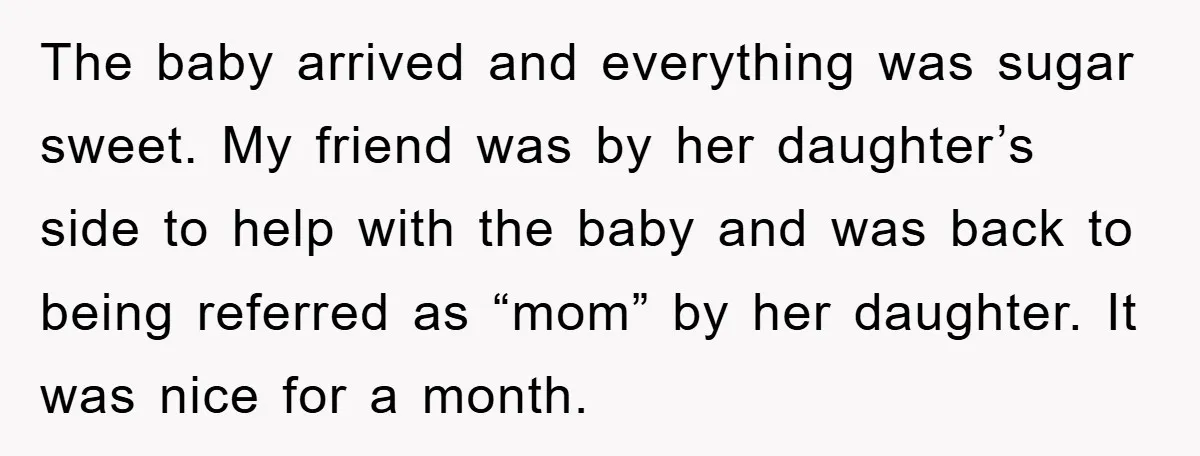 The baby arrived and everything was sugar sweet. My friend was by her daughter’s side to help with the baby and was back to being referred as “mom” by her...