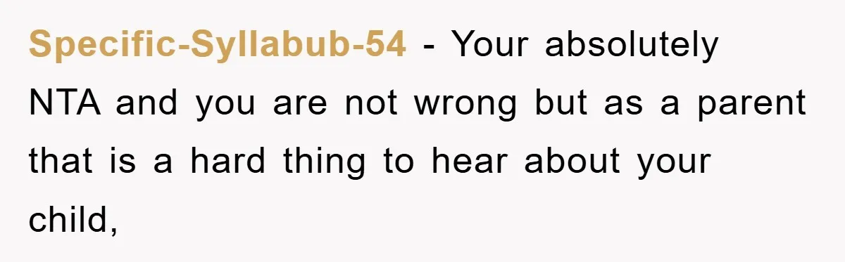 Specific-Syllabub-54 − Your absolutely NTA and you are not wrong but as a parent that is a hard thing to hear about your child,