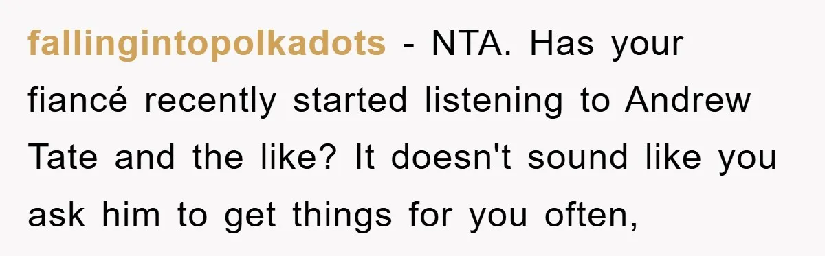 fallingintopolkadots − NTA. Has your fiancé recently started listening to Andrew Tate and the like? It doesn't sound like you ask him to get things for you often,