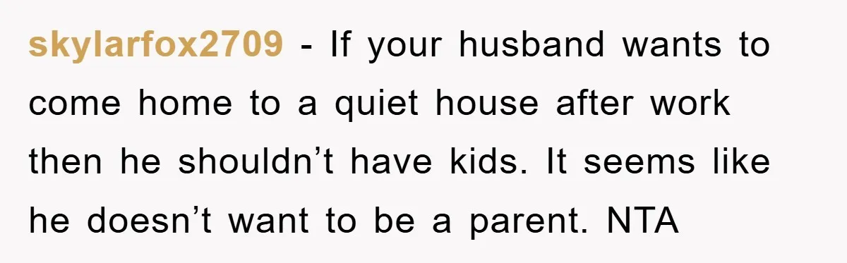 skylarfox2709 − If your husband wants to come home to a quiet house after work then he shouldn’t have kids. It seems like he doesn’t want to be a parent....