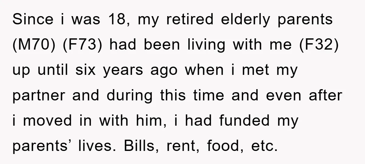 Since i was 18, my retired elderly parents (M70) (F73) had been living with me (F32) up until six years ago when i met my partner and during this time...