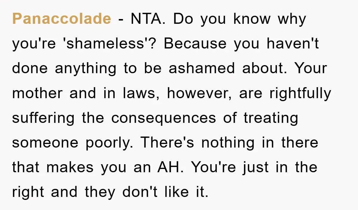 Panaccolade − NTA. Do you know why you're 'shameless'? Because you haven't done anything to be ashamed about. Your mother and in laws, however, are rightfully suffering the consequences of...