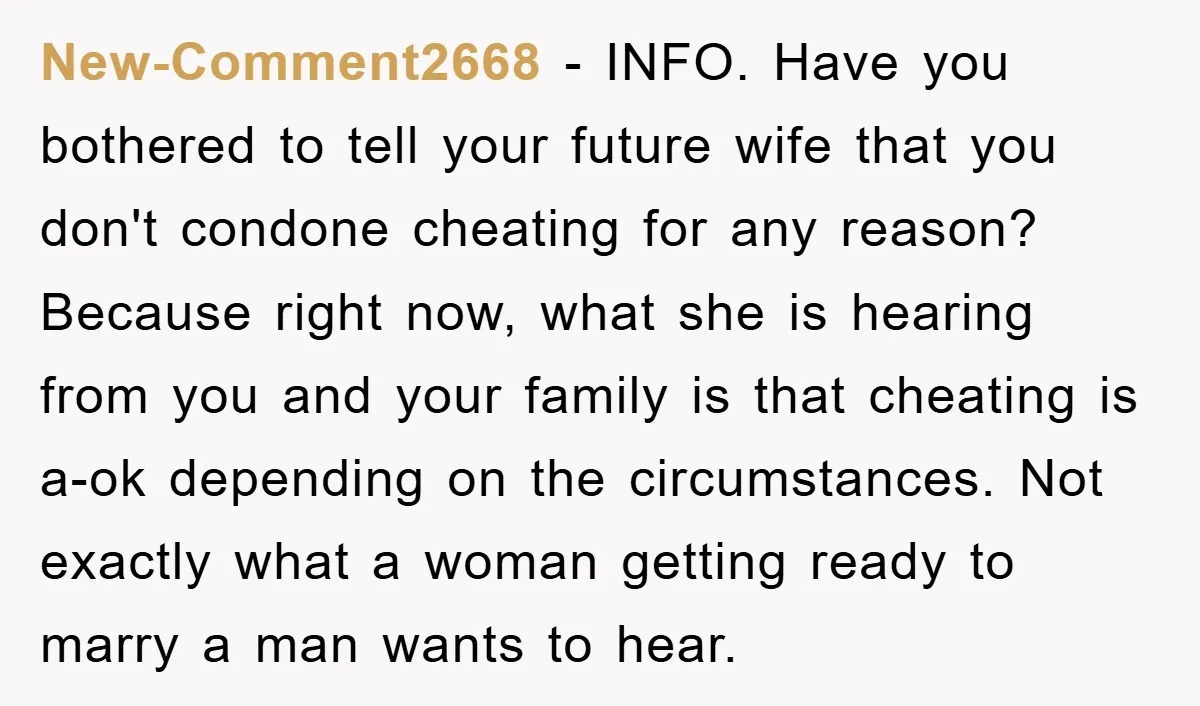 New-Comment2668 − INFO. Have you bothered to tell your future wife that you don't condone cheating for any reason? Because right now, what she is hearing from you and your...