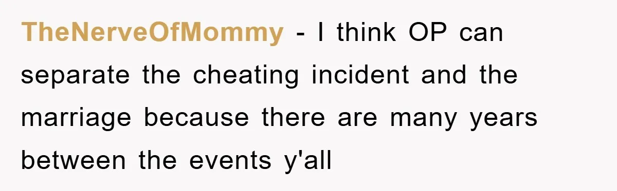 TheNerveOfMommy − I think OP can separate the cheating incident and the marriage because there are many years between the events y'all