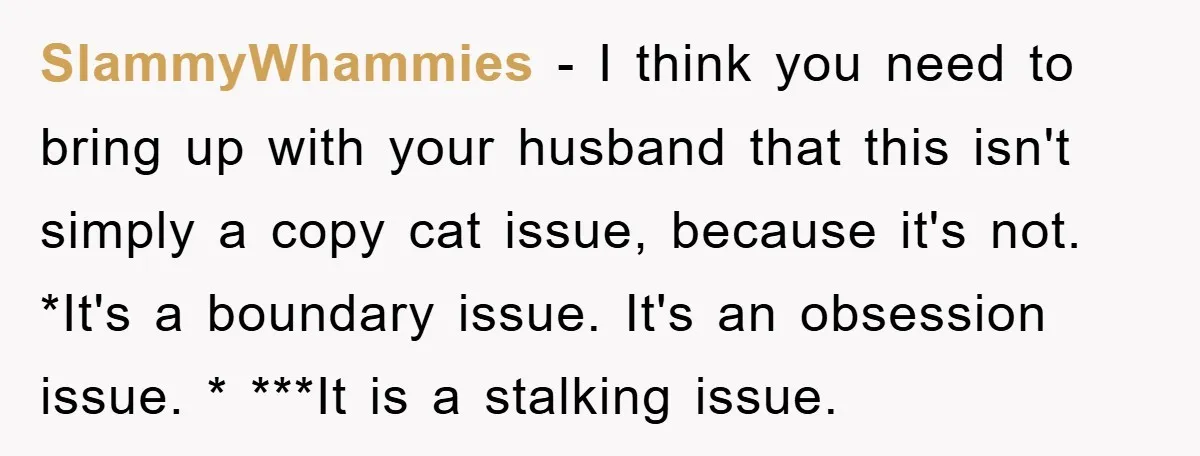 SlammyWhammies − I think you need to bring up with your husband that this isn't simply a copy cat issue, because it's not. *It's a boundary issue. It's an obsession...