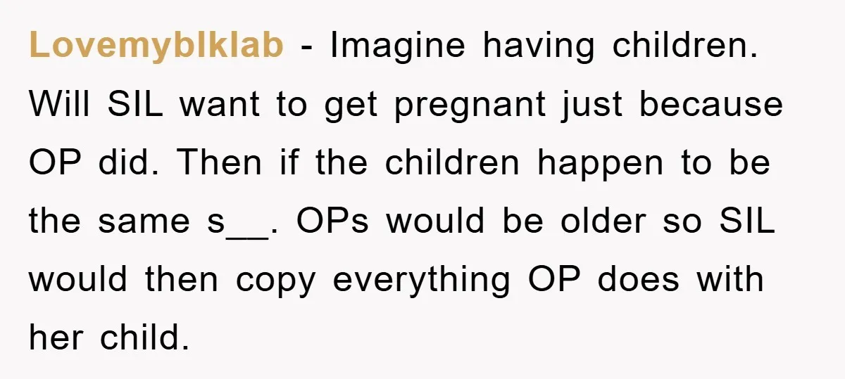 Lovemyblklab − Imagine having children. Will SIL want to get pregnant just because OP did. Then if the children happen to be the same s__. OPs would be older so...