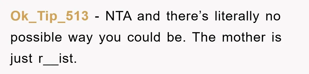 Ok_Tip_513 − NTA and there’s literally no possible way you could be. The mother is just r__ist.